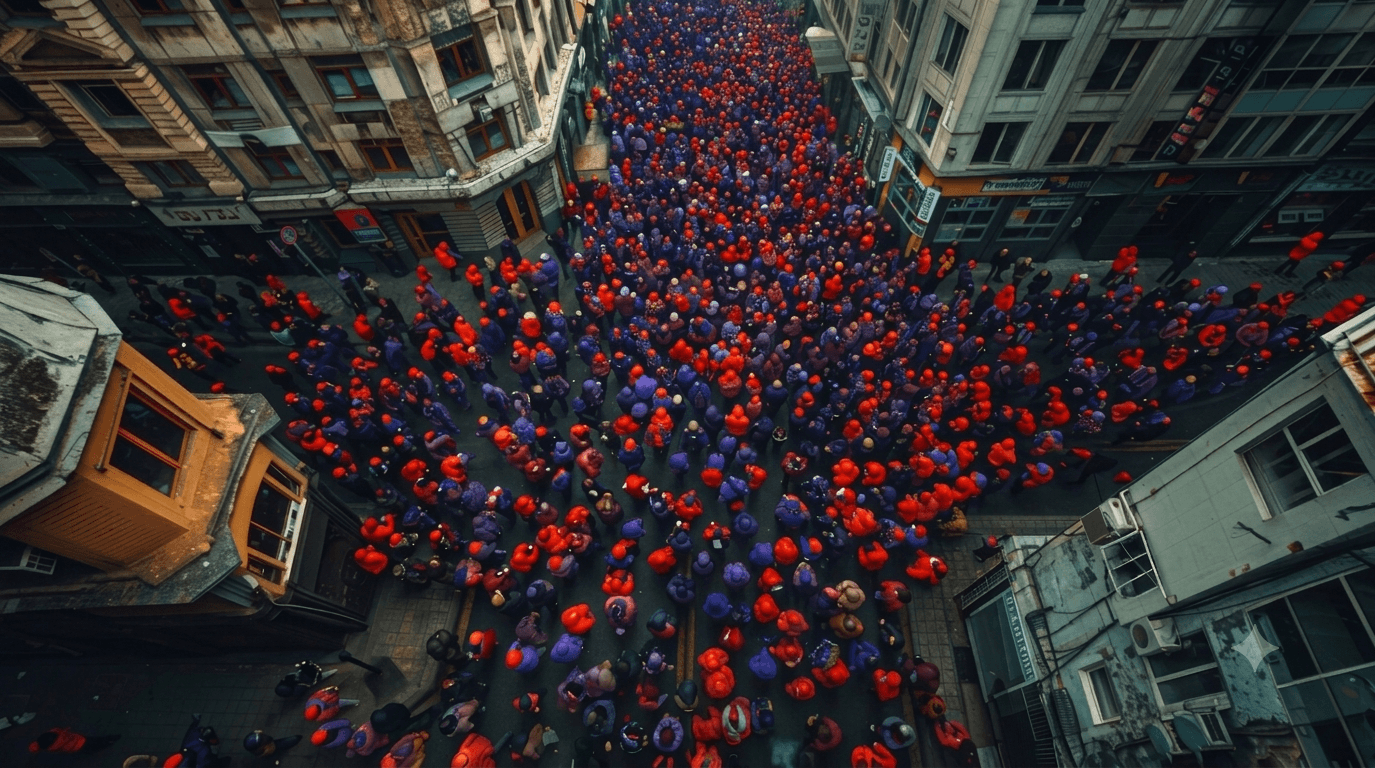 A large group of people gathered in a city street