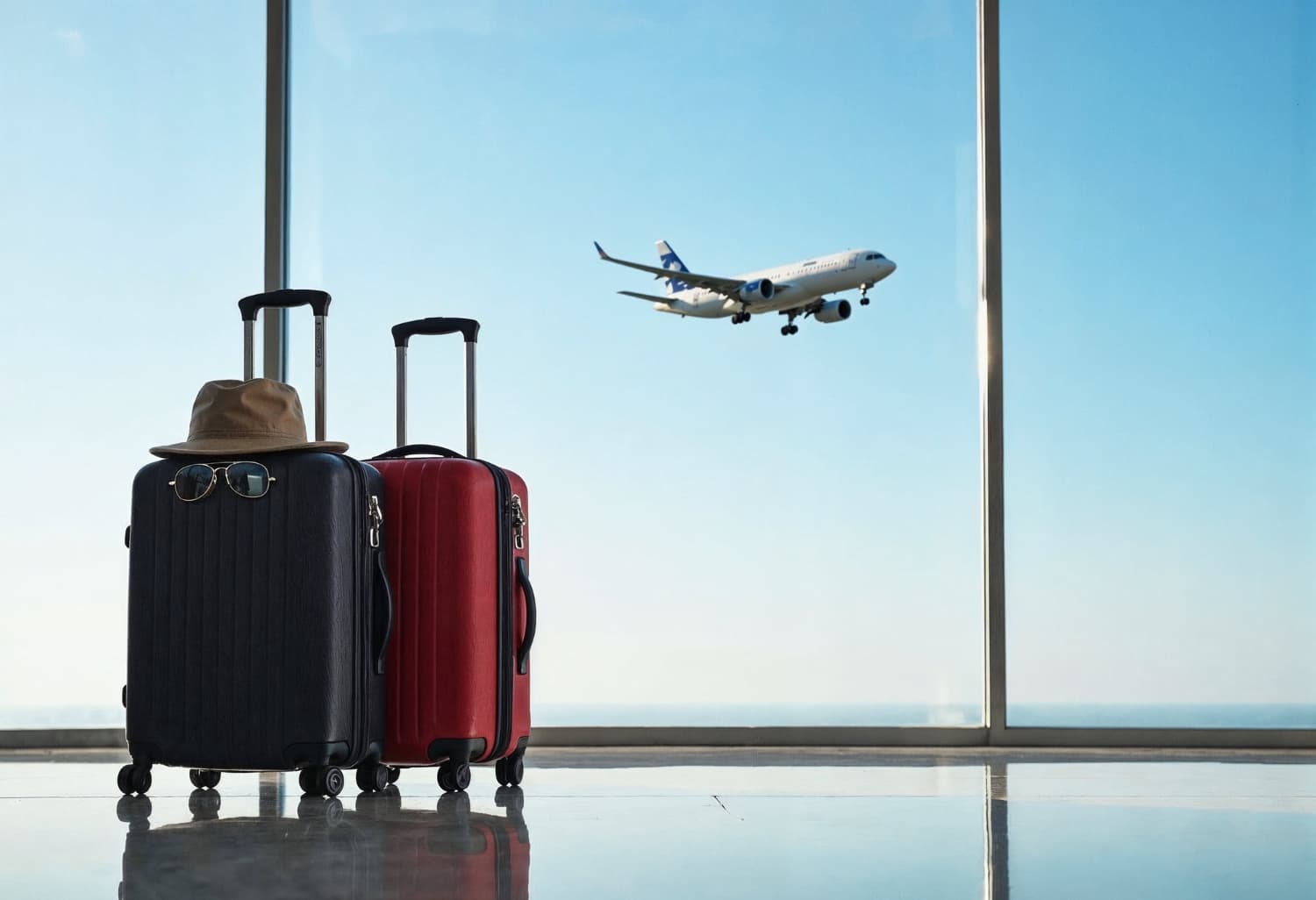 Traveler standing with luggage outside an airport